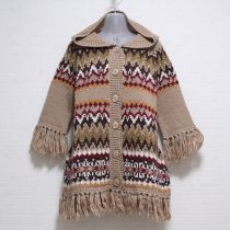 茶系フリンジ編込みカーディガン