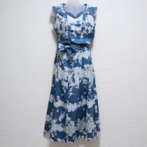 ブルー系花柄ワンピースサッシュ付き【S】