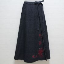 紺デニムクロスステッチ薔薇ラップスカート【L】