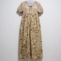 ベージュギンガムくま異素材ワンピース
