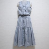 ブルーグレーリボン使いローンノースリワンピース