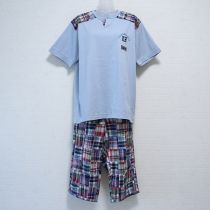 ブルーグレーチェック使いTシャツ&パンツ【L】