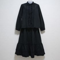 グリーン×紺チェックレース使いブラウス&スカート