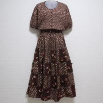 茶モノトーン小薔薇×ニットパッチワークワンピース