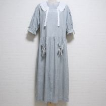 ブルーグレーロゴ刺繍ギンガムワンピース