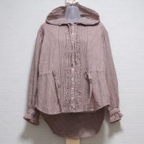 茶系フード付きギンガムピコフリルネルブラウス