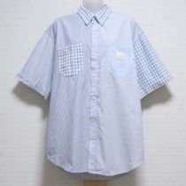 水色系ストライプ&チェックパッチワークシャツ【M】