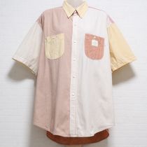 黄色系ストライプ&チェックパッチワークシャツ【M】