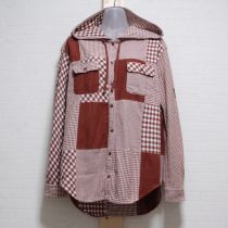 茶系ミックスギンガムフード付きネルブラウス