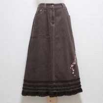 茶フリル使い薔薇刺繍デニムスカート【L】
