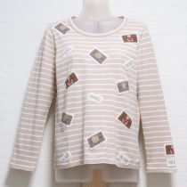 ベージュ系くまワッペンボーダー長Tシャツ【3(M)】