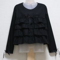 黒通しリボン段々フリルブラウス