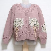 ピンク雛菊ブーケ刺繍ニットカーディガン