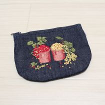 紺デニムグズベリー刺繍ポーチ