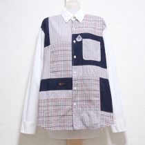 白×紺エンブレム刺繍チェックシャツ【L】