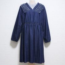 紺カットオフフリル薄手デニムワンピース
