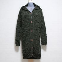 カーキフード付きケーブル編みロングカーディガン