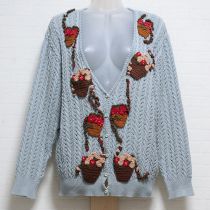 ブルーグレー花かごモチーフカーディガン