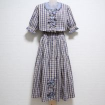 ブルー系チェックリボン使いワンピース