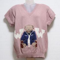 ピンクセーラーくま編み込み半袖綿セーター
