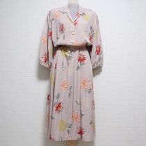 ピンク菊プリントポリワンピース