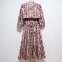 ベージュ×赤系チェックスモッキングワンピース