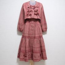 赤系チェックリボン使いワンピース