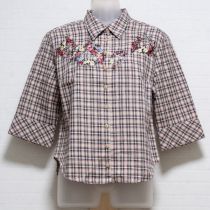 ベージュ系チェックリース刺繍シャツ【M】