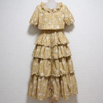 黄チェックローズ段々ワンピース