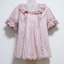 ピンク花かんむり刺繍ローンブラウス