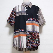 黒汽車刺繍パッチワークシャツ