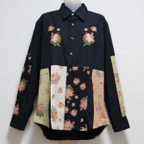 黒系薔薇ブーケ刺繍パッチワークシャツ
