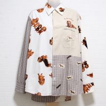 ベージュ系ダックス刺繍パッチワークシャツ【M】