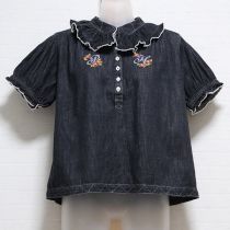 黒デニムロゴクロスステッチブラウス