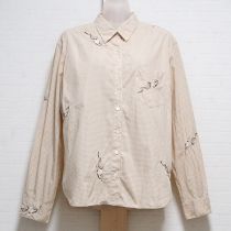 ベージュギンガムリボンカメリア刺繍シャツ【M】