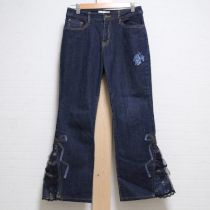 紺フラワーリース裾段々チュールデニムパンツ【L】