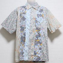 ブルー系小花くまパッチワークシャツ【M】