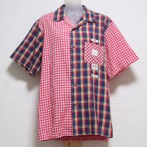 赤系チェックパッチロゴ刺繍シャツ【L】