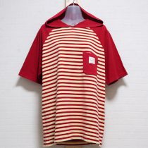 赤×生成ボーダーフード付きTシャツ【L】
