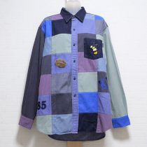 ブルー系蜂刺繍パッチワークシャツ