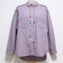 パープル蔦小薔薇柄パッチワーク付きシャツ