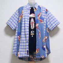 青系スニーカー×チェックパッチワークシャツ&Tシャツ【M】
