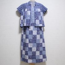 ブルー系刺繍入りパッチワークブラウス&ワンピース【M】