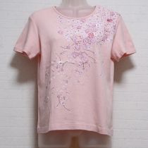 ピンク桜プリント&刺繍Tシャツ【L】
