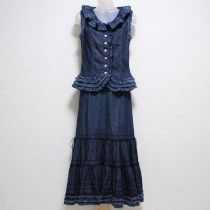 紺フリンジフリルデニムベスト&スカート