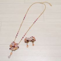 ピンク系花モチーフネックレス&イヤリング