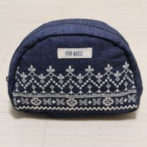 紺刺繍入りデニムポーチ