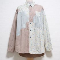 ブルー花柄×茶系チェックパッチシャツ