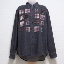 黒系ロゴパッチ起毛デニムシャツ【L】
