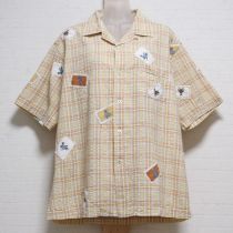 ベージュ系チェックくまワッペンシャツ【M】
